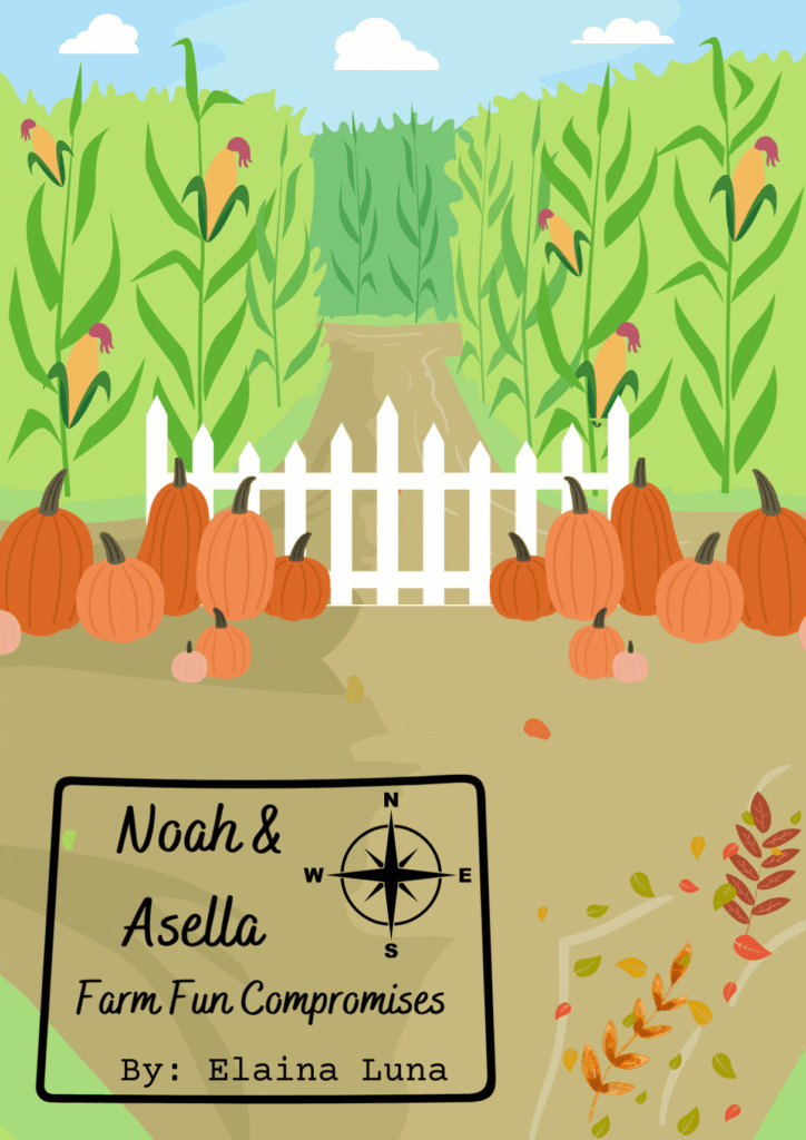 
Noah & Asella

"Farm Fun Compromises" 

By: Elaina Luna

Visual description:

Noah & Asella (Color Black)

"Farm Fun Compromises" (Color Black) 

By: Elaina Luna (Color Black)

The image has a bright green corn field maze. There is a small white fence at the entrance of the maze. In front of the small white fence are pumpkins. The pumpkins are different shades of orange and different shapes and sizes. 

In the lower right hand corner, there are fall colored leaves (orange, yellow, and a redish color), as well as some green leaves. 